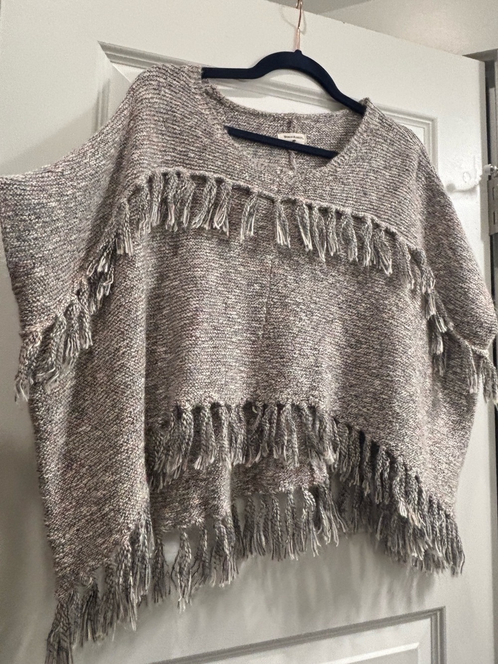 World Market Gray Fringe Poncho Sweater